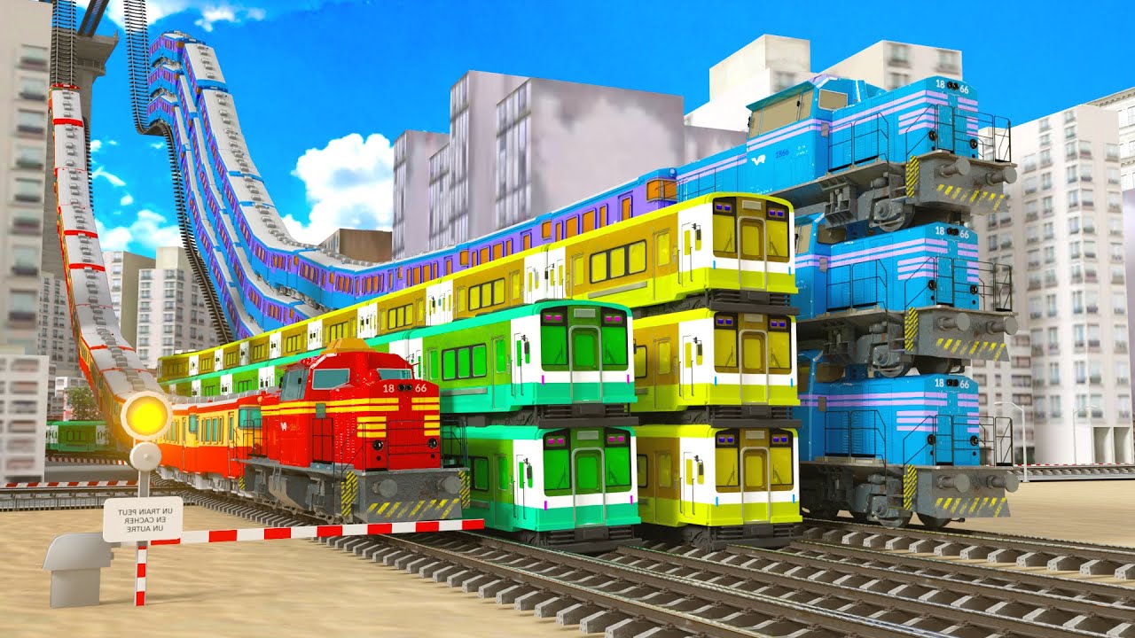 【踏切アニメ】あぶない電車 🚦 Rainbow Train Race 🚂 | Fumikiri 3D Railroad Crossing Animation