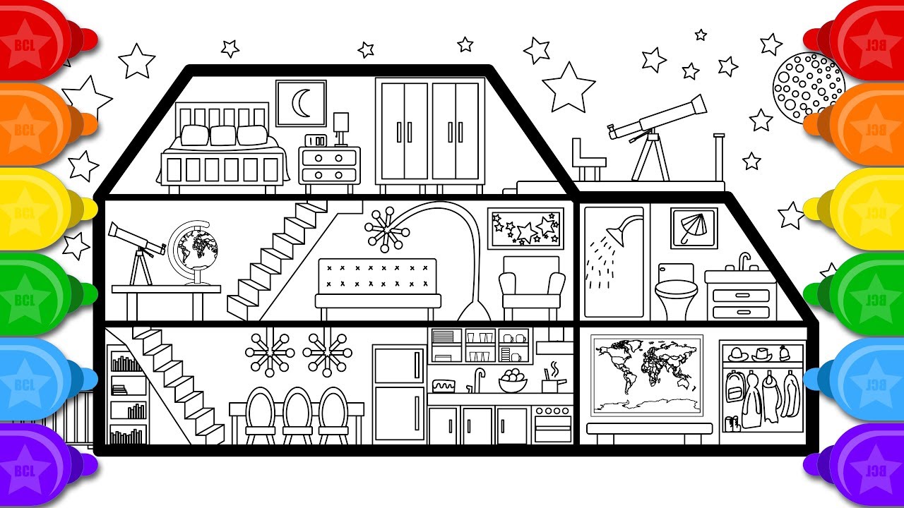 Glitter Telescope House Drawing and Coloring for Kids | How to Draw a House Coloring Page
