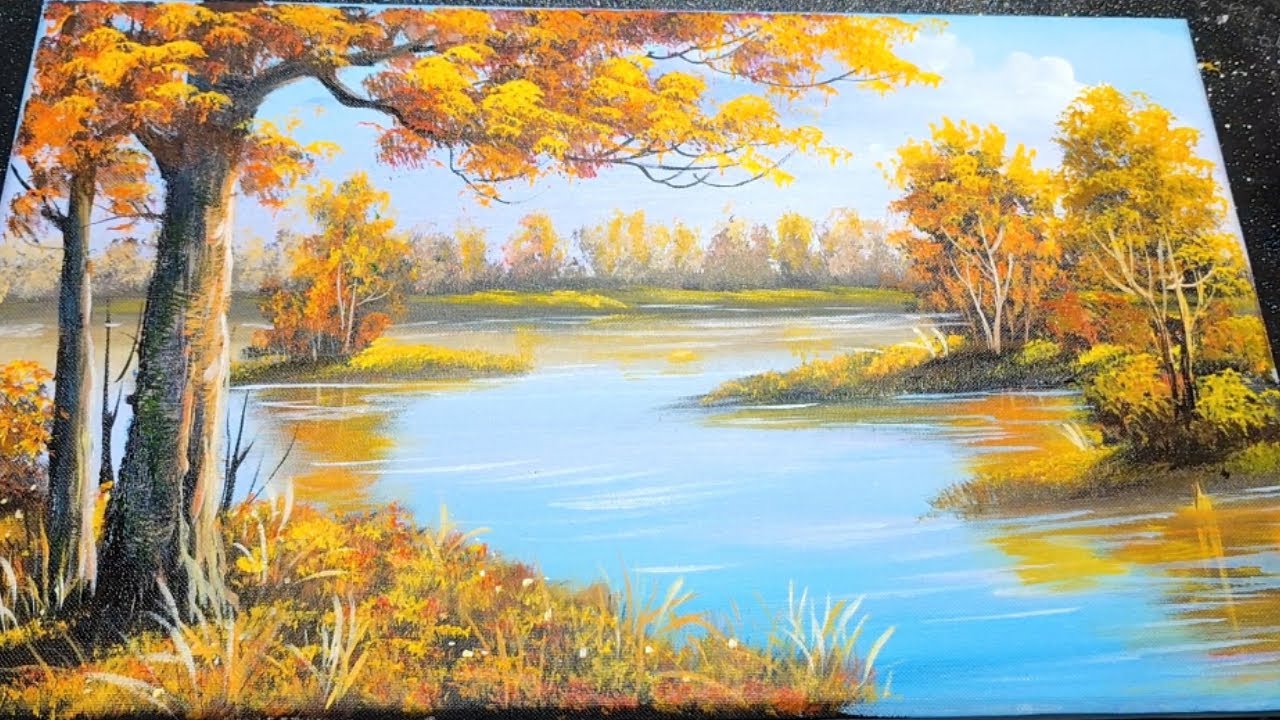 Easy Golden Landscape Reflection Painting on Canvas | Acrylic Tutorial for Beginners 🎨✨
