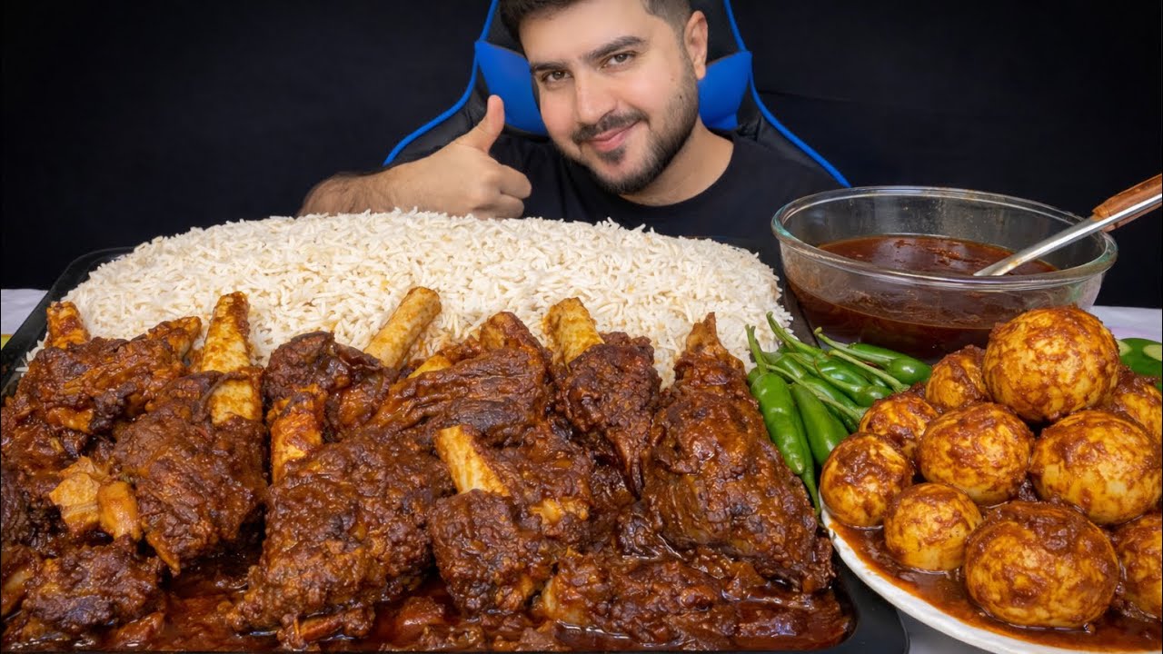 ASMR Eating Spicy Mutton Curry spicy eggs curry with rice   extra gravy green chilli salad mukbang21