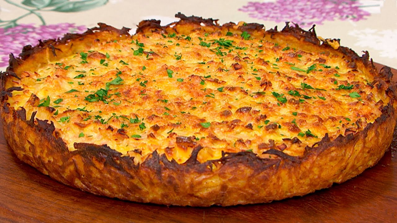 Tarta de jamón, queso y cebollas con base de papa