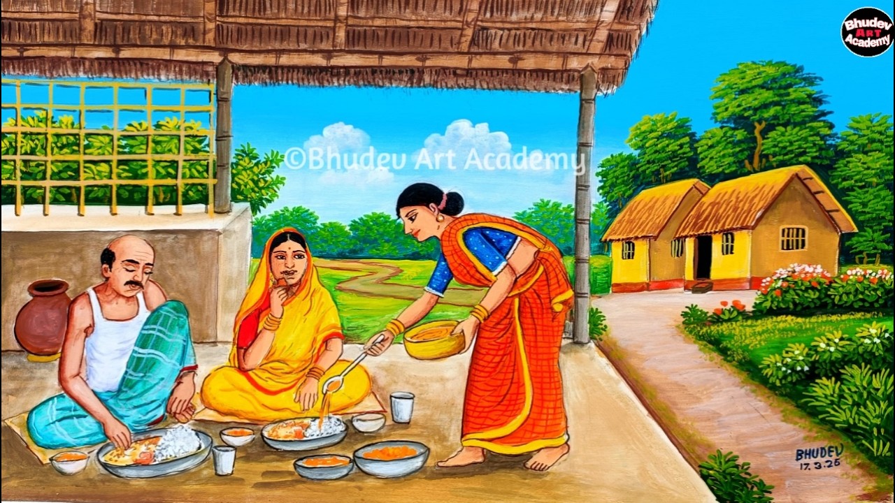 Beautiful Village Landscape Scenery Painting| Indian Village Scenery Painting With EarthWatercolor