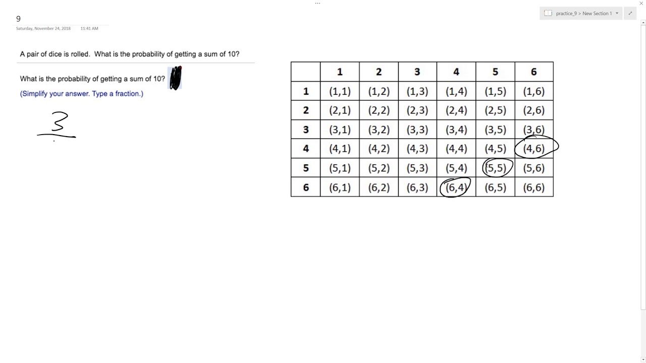 A pair of dice is rolled. What is the probability of getting a sum of 10?