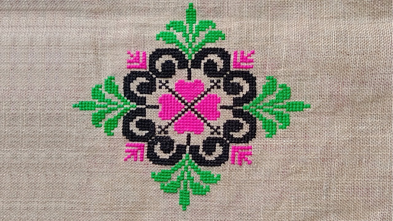New cross stitch ason design, Flower Alpona design asan, আলপনা ডিজাইন আসন, Sitting mat on jute mat