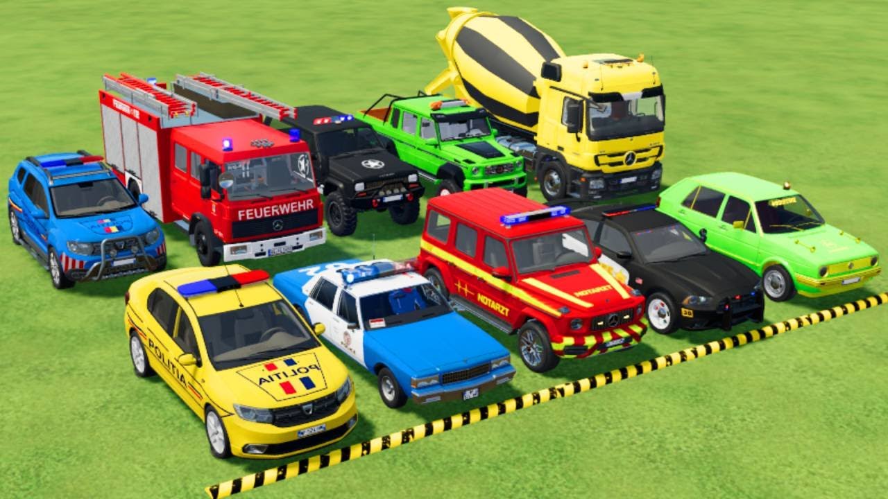 TRANSPORTING POLICE CARS, AMBULANCE, FIRE TRUCK, COLORFUL CARS WITH TRAIN -FARMING SIMULATOR 22!