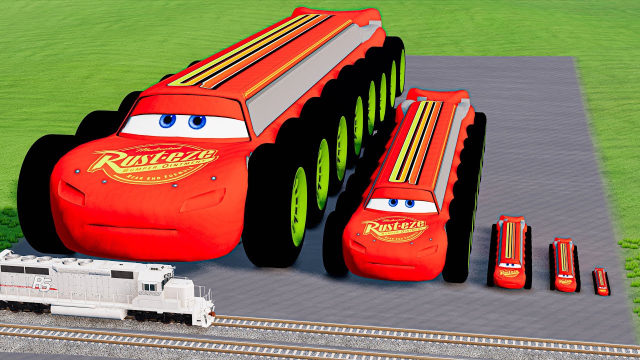 Big & Small Spider McQueen with BTR wheels Monster Truck Long Car vs Train Thomas | BeamNG.Drive