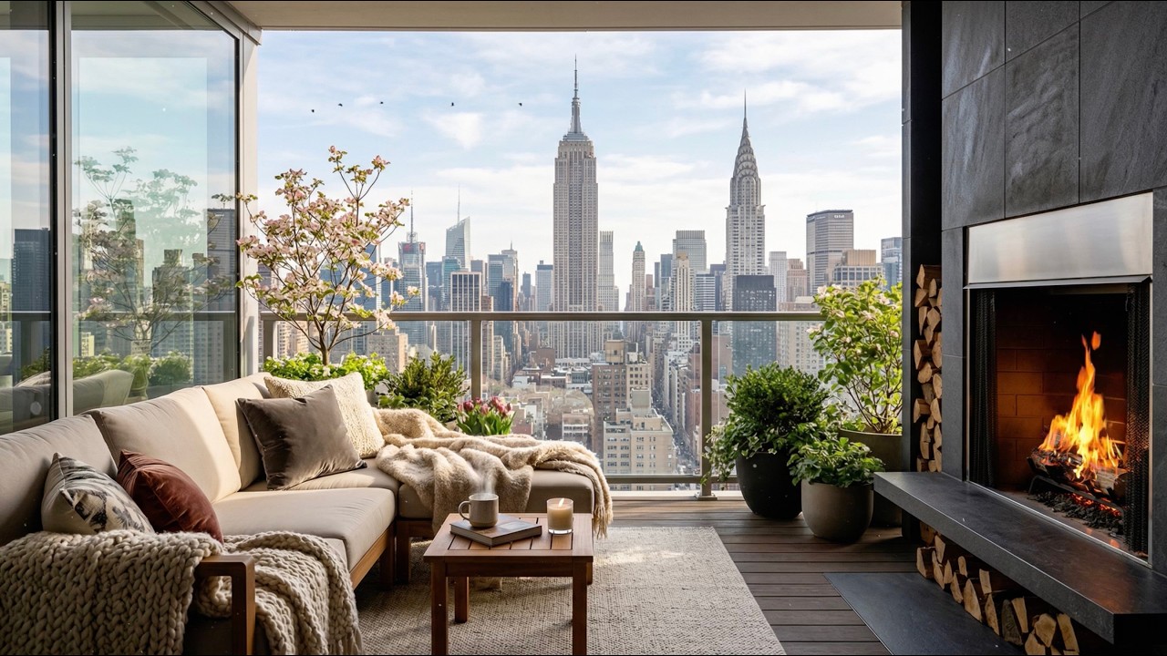 New York City Spring Morning Balcony Ambience with Skyline View | City & Fireplace Sounds 😌🌅☕️