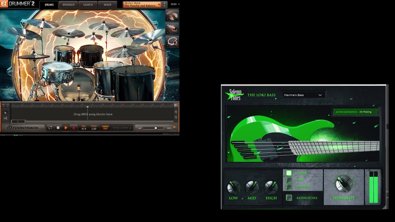 Solemn Tones The Loki Bass + Toontrack Ezdrummer 2 Modern Metal  + Amped Roots Mega Fluff