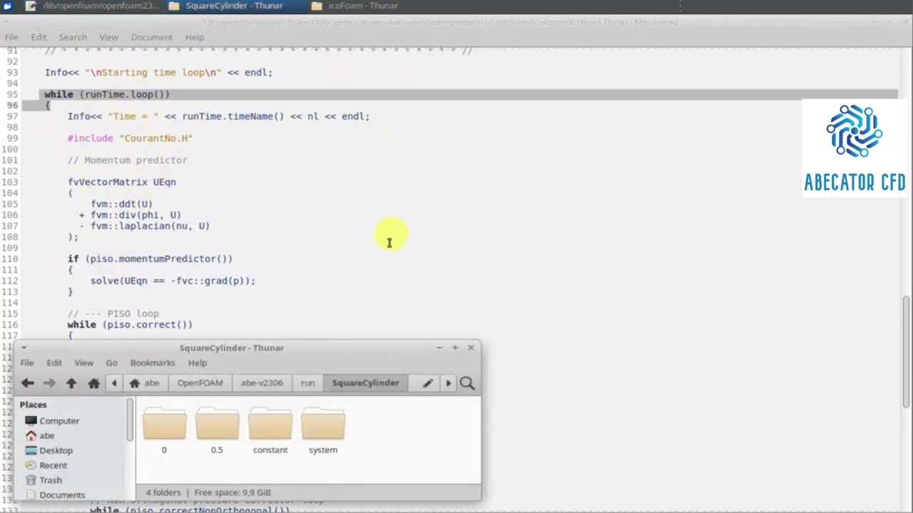 OpenFOAM Chapter 4 (Section 12): Understanding icoFoam Solver Structure (Time Loop + PISO + Files)
