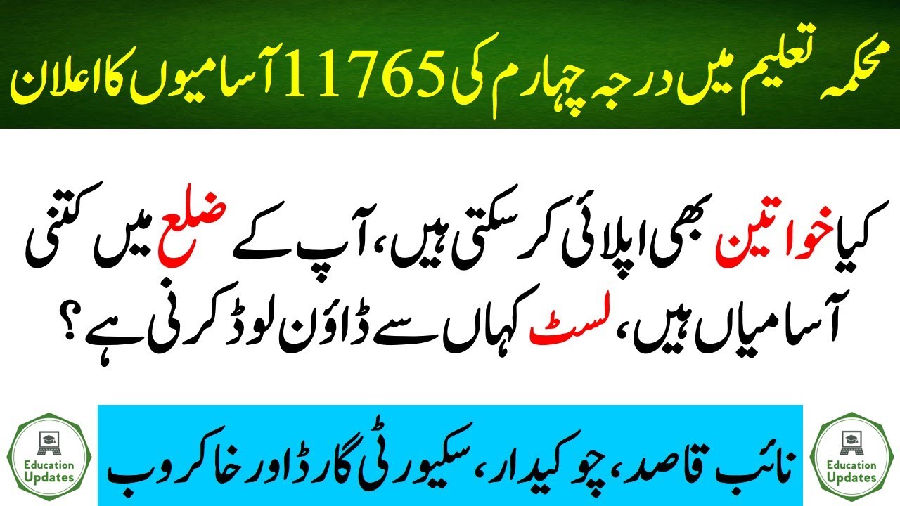 Class 4 Jobs in Education Department 2022 | Punjab Education Department Jobs | By Education Updates