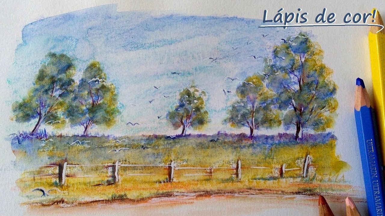 DESENHO da IMAGINAÇÃO! Como DESENHAR estas ÁRVORES no CAMPO com LÁPIS de COR AQUARELÁVEL!