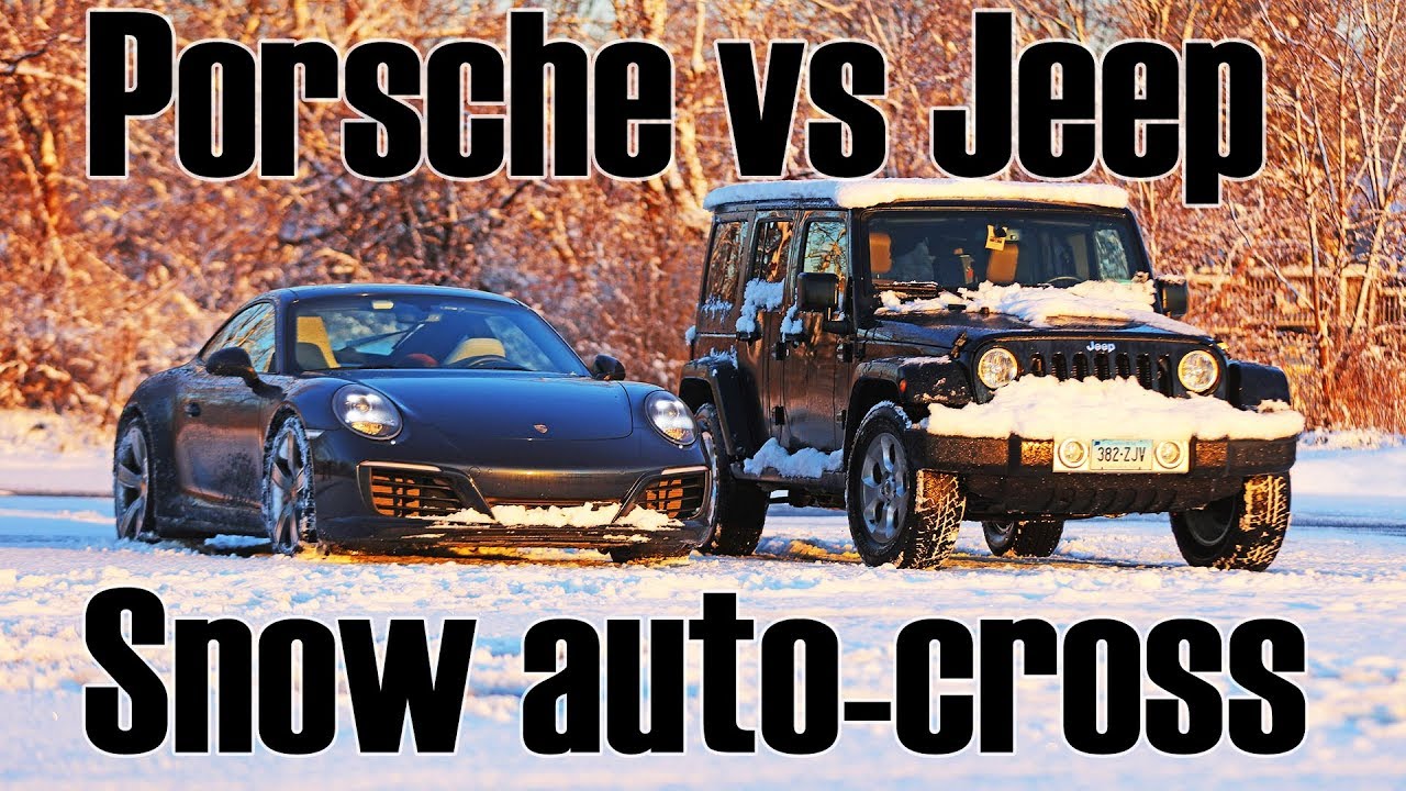 Porsche 911 vs Jeep Wrangler snow auto-cross