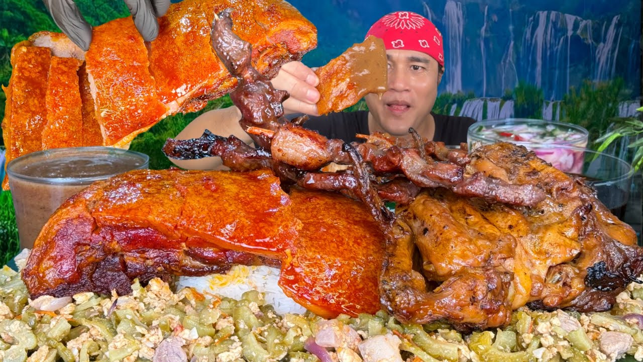Super Crispy Bake Lechon, Mang Inasal Chicken, Pork Bbq & Ginisang Ampalaya mukbang Pinoy Mukbang