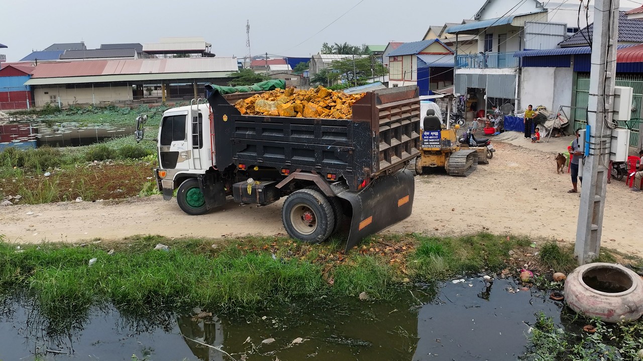 incredible full landfill clear water , truck transport with bulldozer push soil build house for rent
