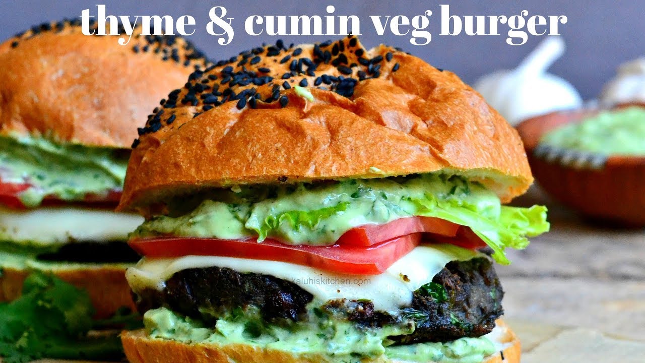 THYME & CUMIN VEG BURGER WITH CREAMY LIME AVOCADO SAUCE | KALUHI'S KITCHEN