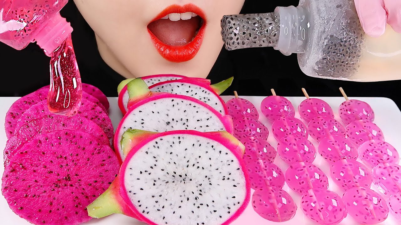 BASIL SEED JELLY, DRAGON FRUITS ASMR HONEY JELLY ASMR PINK FOOD ASMR
