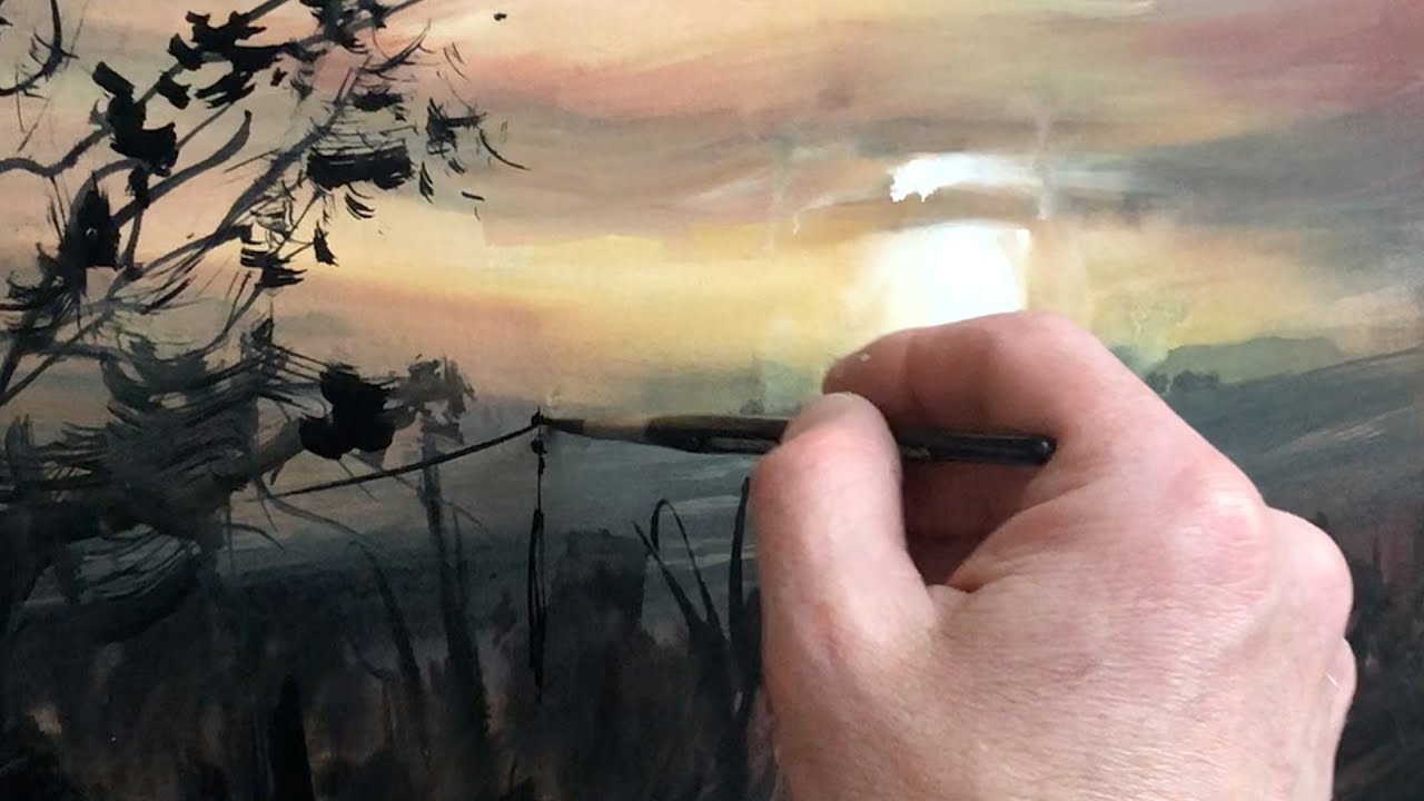 Paint Tree Silhouettes Against a Morning Sunrise with Gouache- Paul Kenton