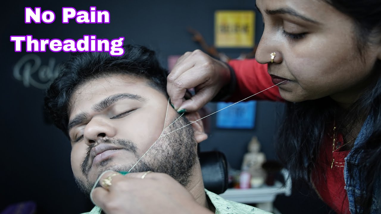 Men's Beard Threading ( No Pain ) With EyeBrows Threading ASMR | Lady Barber Doing Threading ASMR