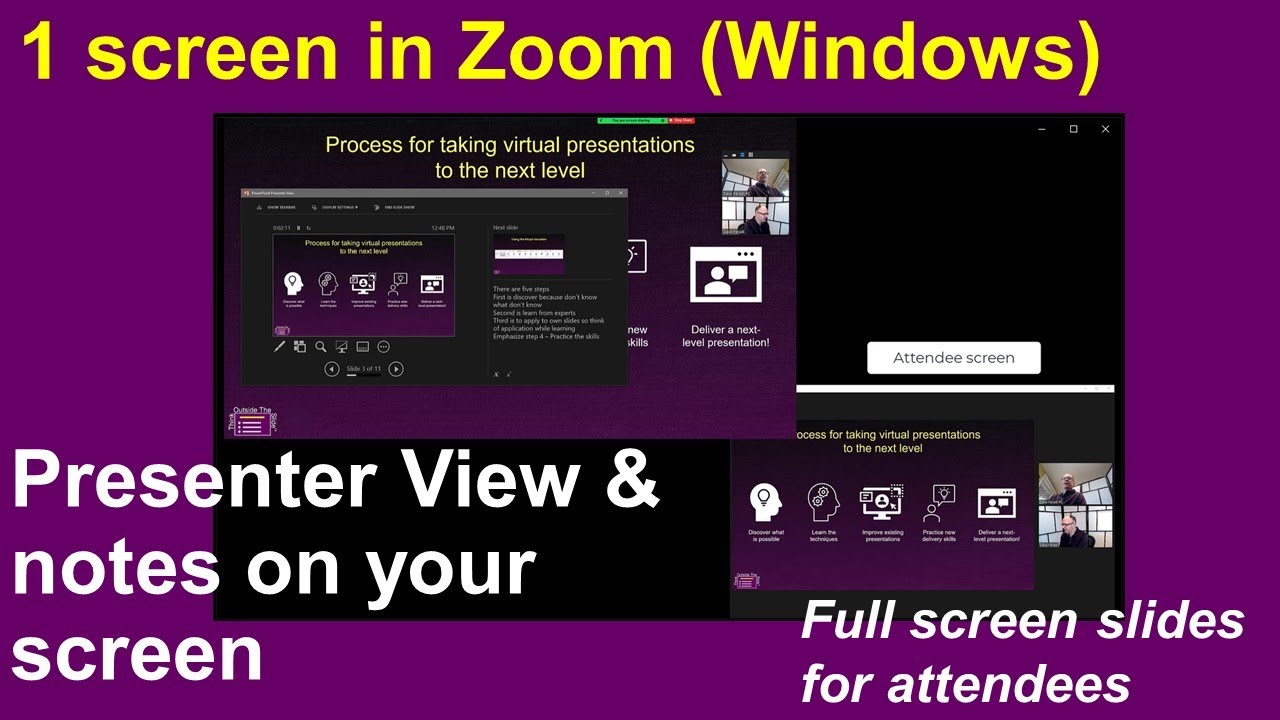 1 screen in Zoom on Windows: you see notes in Presenter View; audience sees full screen slides
