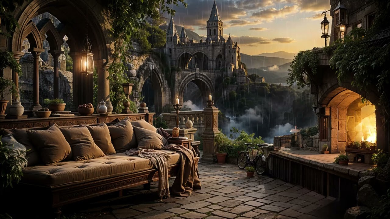 Enchanting Balcony at Sunset | Relaxing Views of Ancient Castle and Majestic Mountains