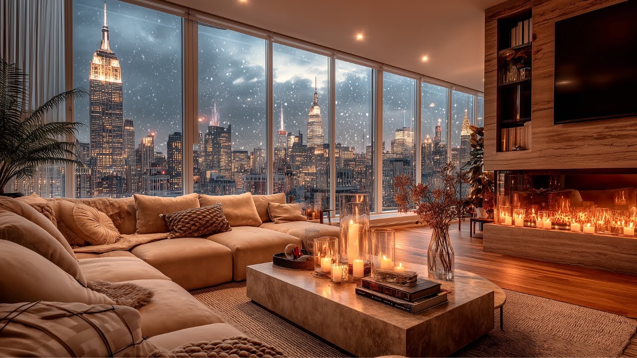 New York City Luxury Apartment at Night | Snow Ambience | Smooth Jazz, Cozy Fireplace Crackle