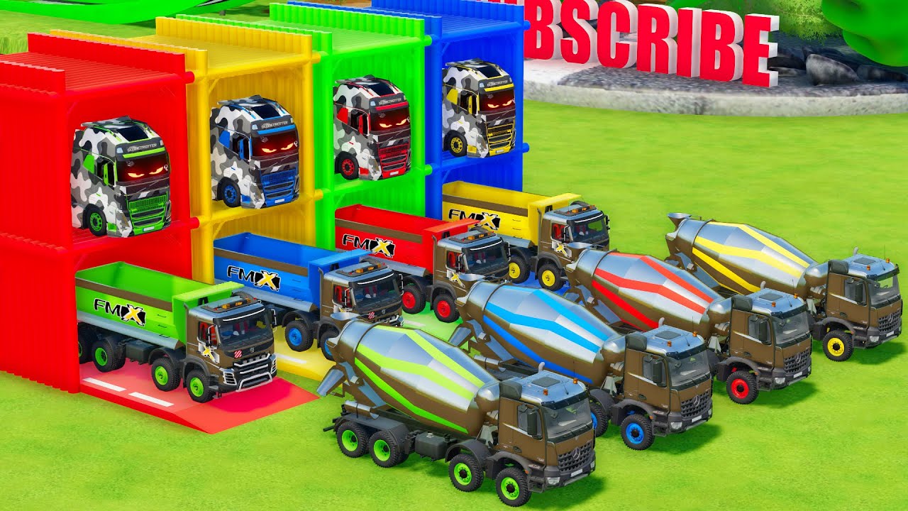 Garage with Colors - ALL MIXER TRUCK WITH DOUBLE FLATBED TRAILER TRUCK, VOLVO, MERCEDES - FS22