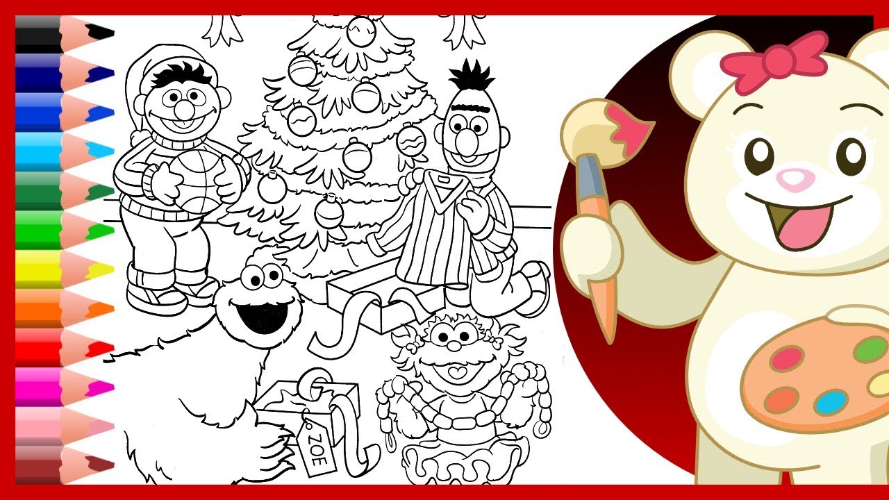 Christmas with Cookie Monster Ernie Bert Zoe | Sesame Street Holiday Coloring - Kids Learn Colors