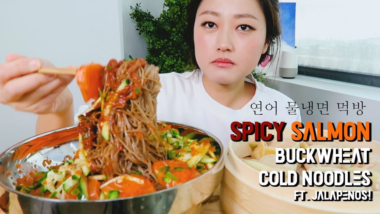 (mukbang) Spicy Salmon Buckwheat Cold Noodles ft.Jalapenos + Kimchi Dumplings Mukbang!!