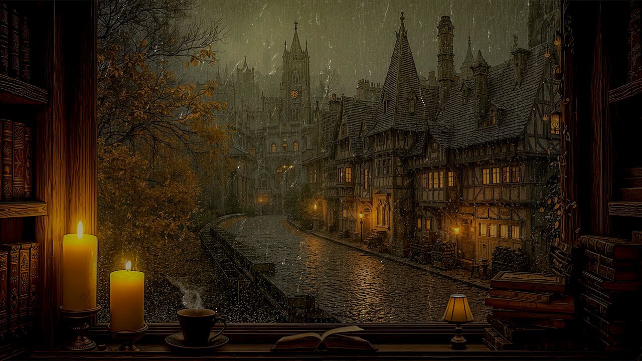Rainy Night Reading in the Study | Watching the Medieval Street | Dark Academia for Pensive Moments