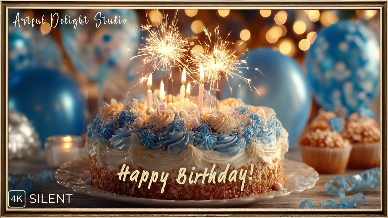 Happy Birthday Cake Blue Theme | Frame TV Art 4K | TV Screensaver | Gold Frame | Silent