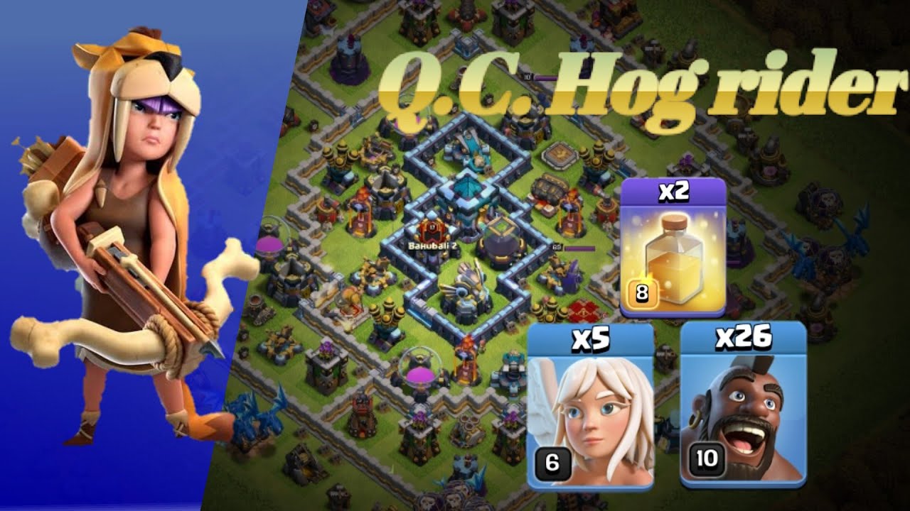 Queen charge hogs in th13 | Th13 attack strategy  with 26 hogs with 5 healer |Clash Of Clan