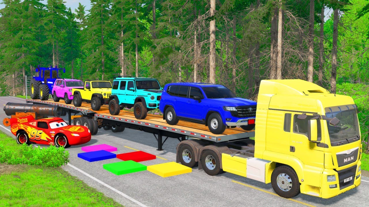 Flatbed Truck McQueen | Transportation with Truck - Pothole vs Car 