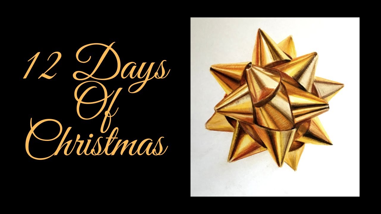 day 2 of 12 realistic colored pencil drawings| shiny gold bow