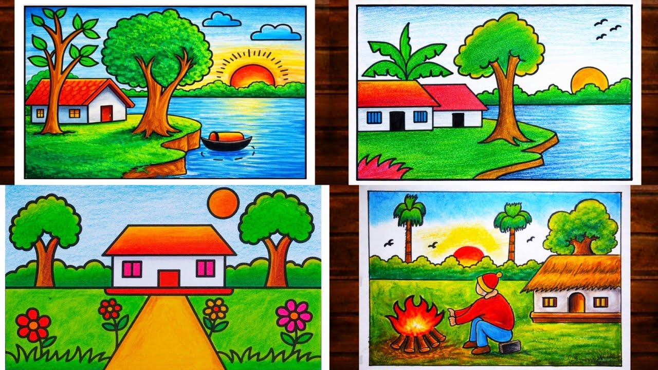 Simple village scenery drawing/How to draw village scenery/Koushole Deisso aka sikhun/Easy Technique