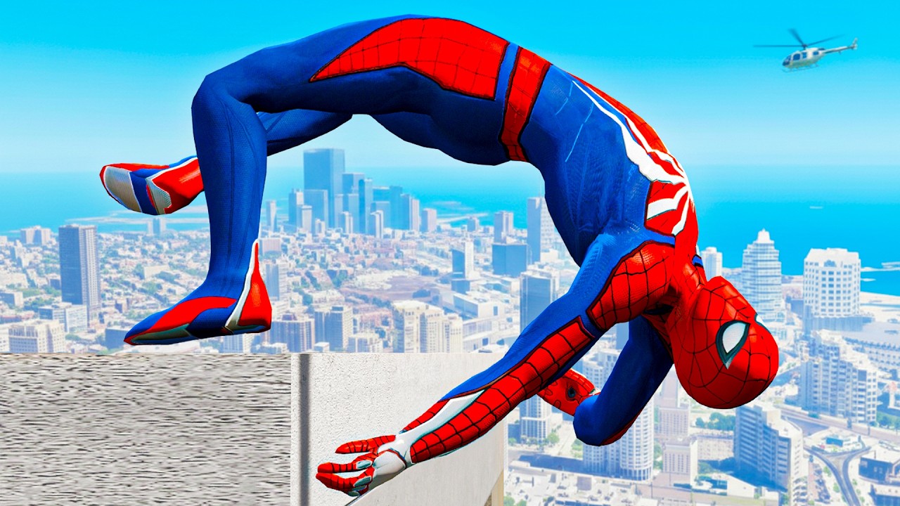 SPIDERMAN CRAZY JUMPS/FALLS (Spider-Man Gameplay Fails in GTA 5) #4