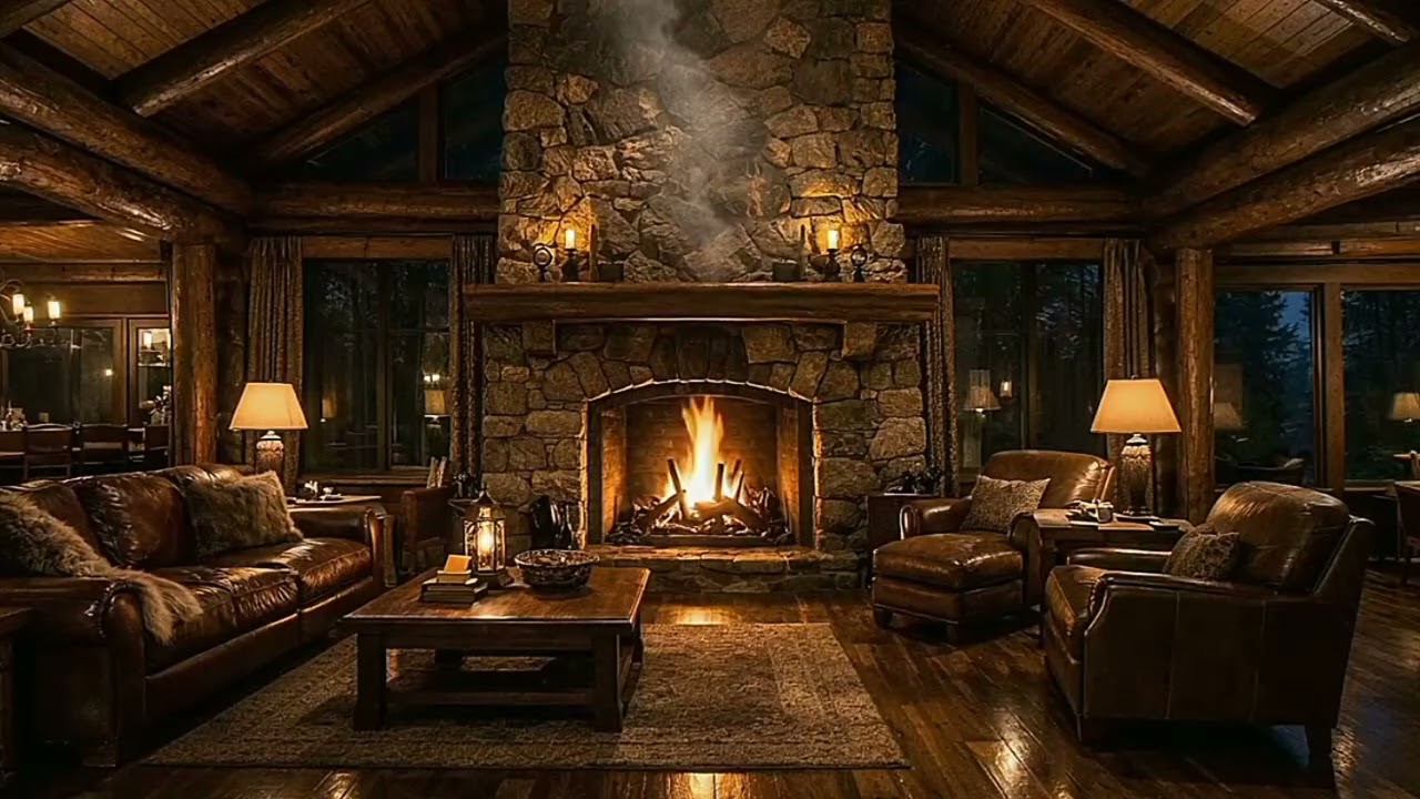 High Dynamic Range Fireplace 4K 🔥 Luxury Cabin Interior Night Relaxation