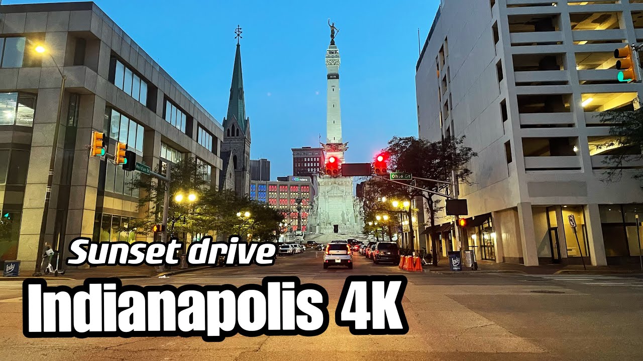 Indianapolis 4K , driving Downtown Indianapolis Indiana  , sunset drive
