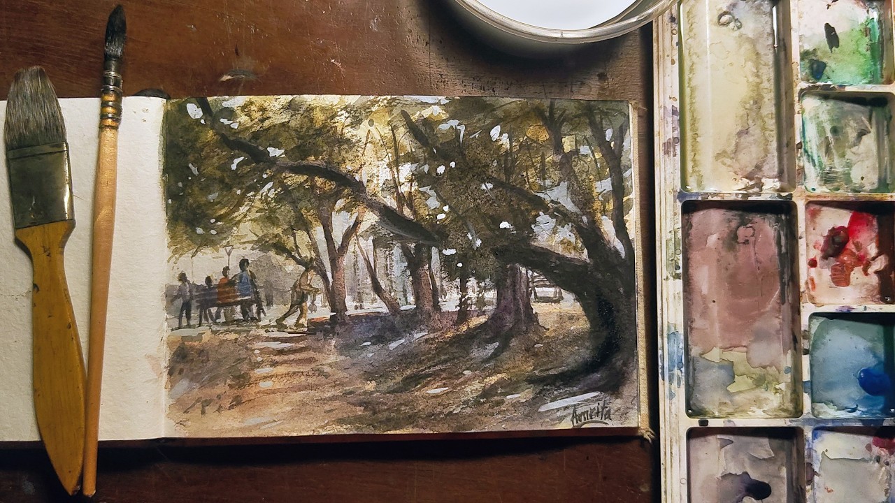 Painting Sunlight Through Trees in Park | Full Watercolor Process
