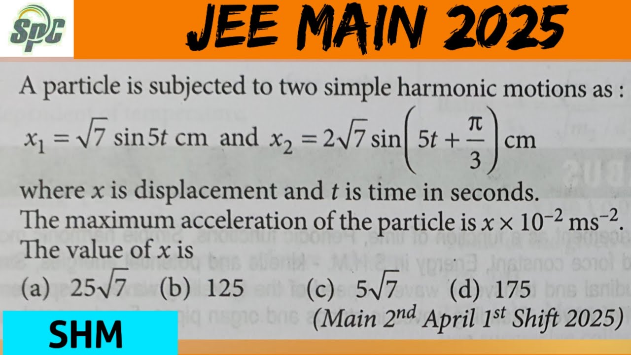 A particle is subjected to two simple harmonic motions as x1 = ( root 7 ) [ 2 April JEE Main 2025 ] 