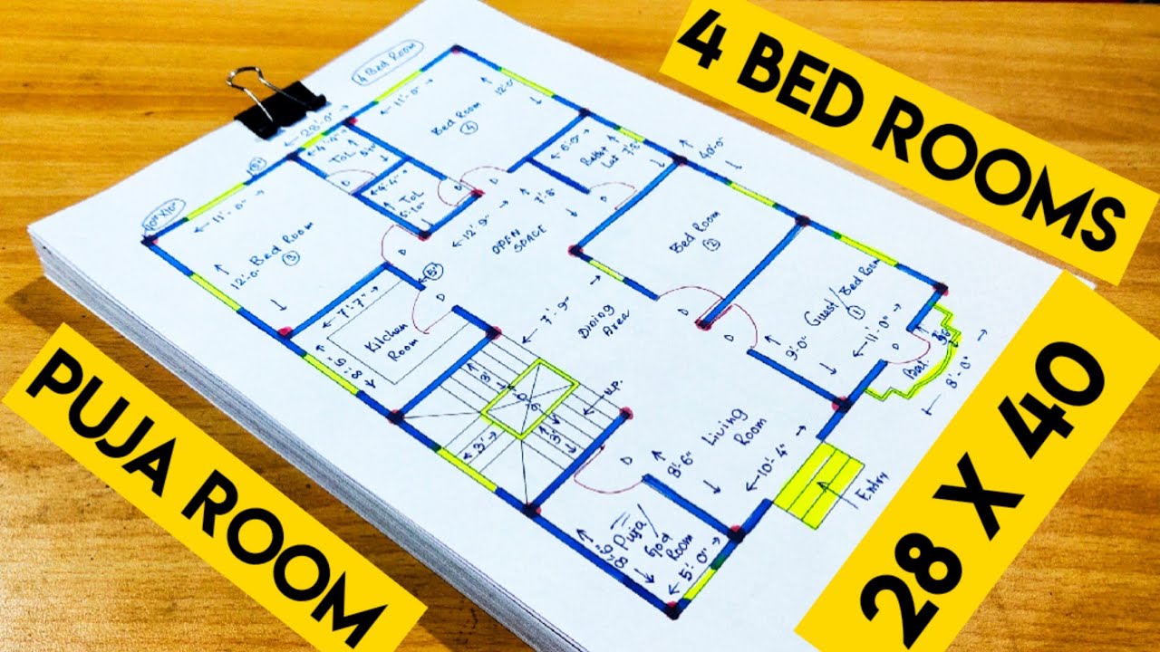 4 bed rooms house design II 28 x 40 house plan II 28 X 40 ghar ka naksha