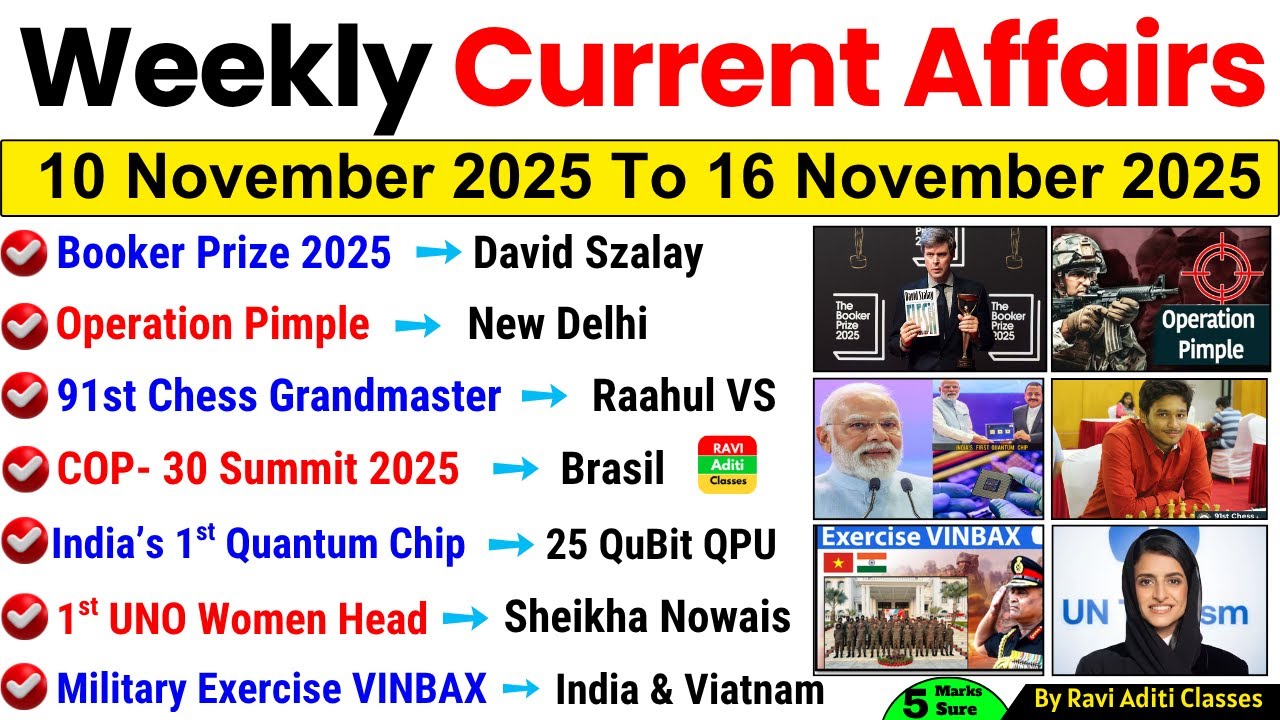 10 November to 16 November 2025 | Weekly Current Affairs | November 2025 Current Affairs Imp MCQ