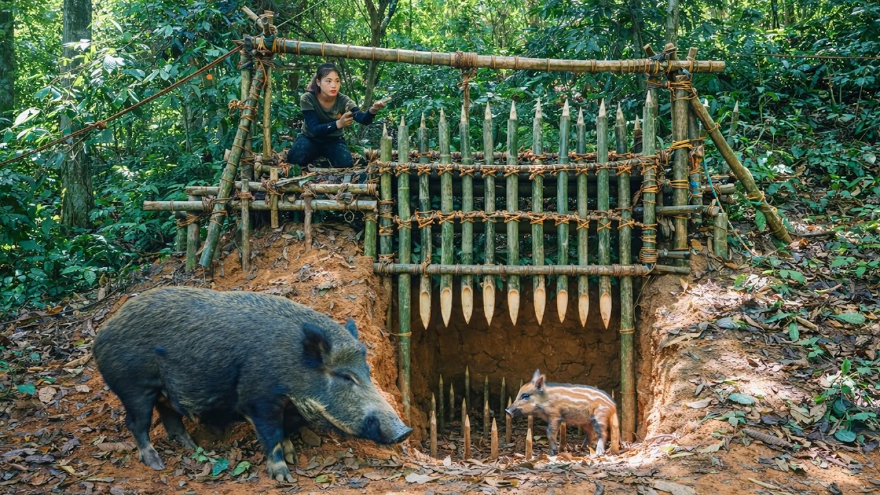 Build a Primitive Trap Cage to Catch Wild Boars | Survival Skills Alone in Forest
