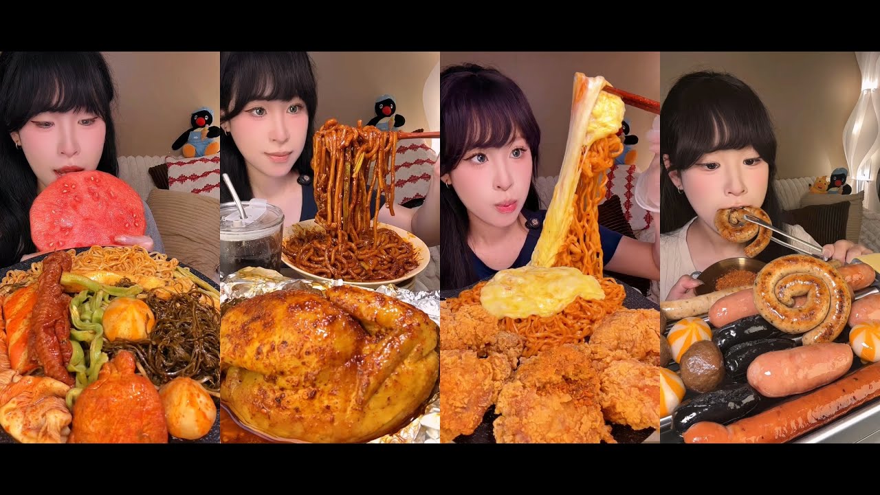 【MUKBANG】Eating Cheese Buldak Noodles, Fried Chicken& Watermelon! | HOMEMADE CHINESE FOOD | 食べる