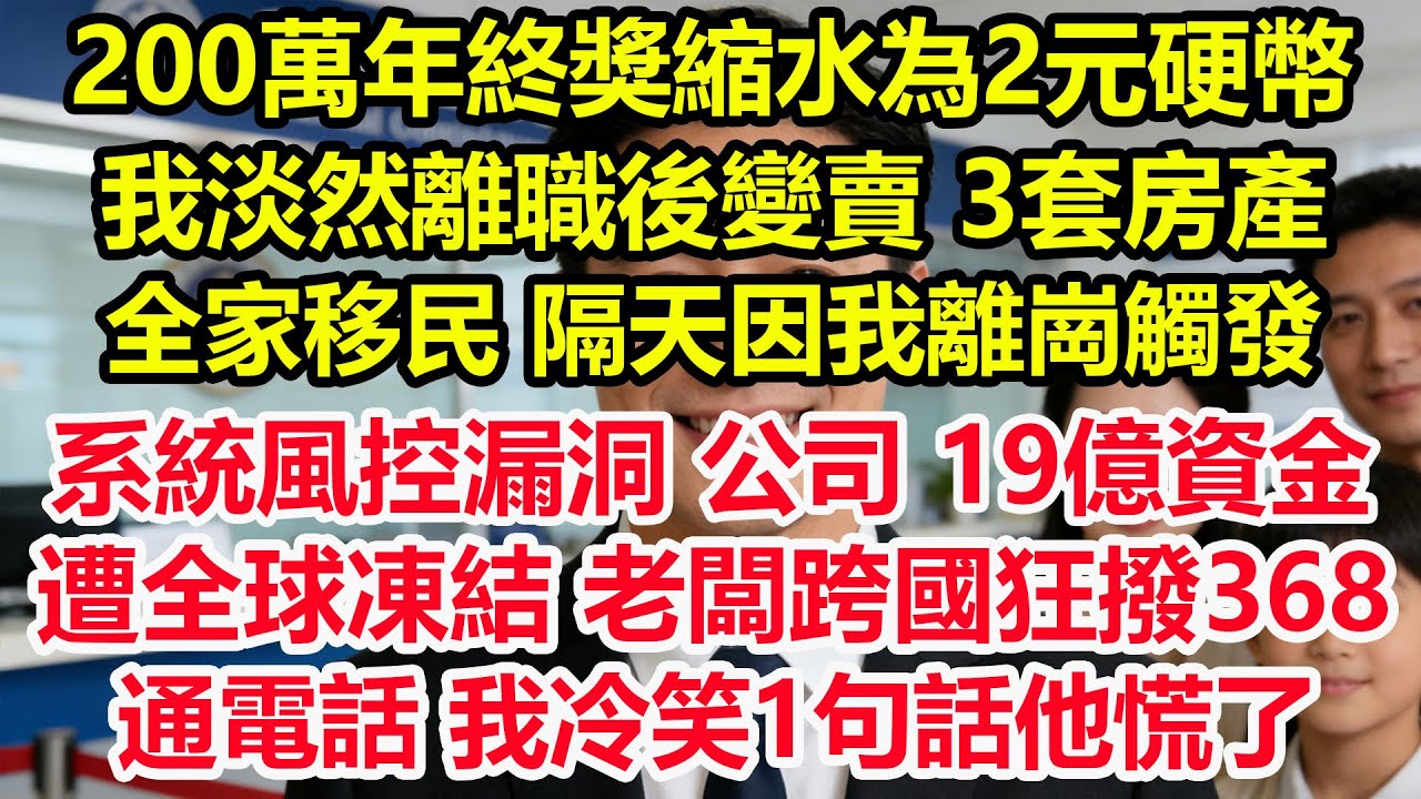 200萬年終獎縮水為2元硬幣，我淡然離職後變賣 3套房產全家移民，隔天因我離崗觸發系統風控漏洞，公司 19億資金遭全球凍結，老闆跨國狂撥 368通電話，我冷笑1句話他慌了！#情感 #爽文 #職場 #