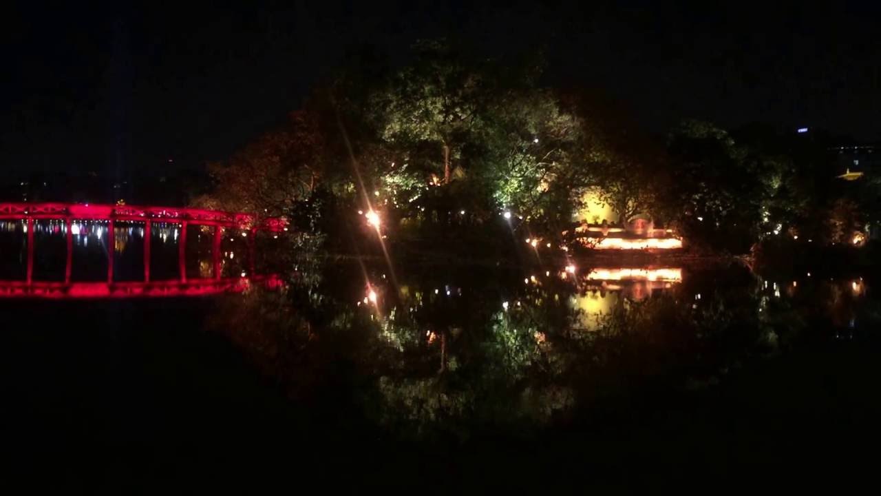 The Huc Bridge at night in Hanoi (Vietnam)