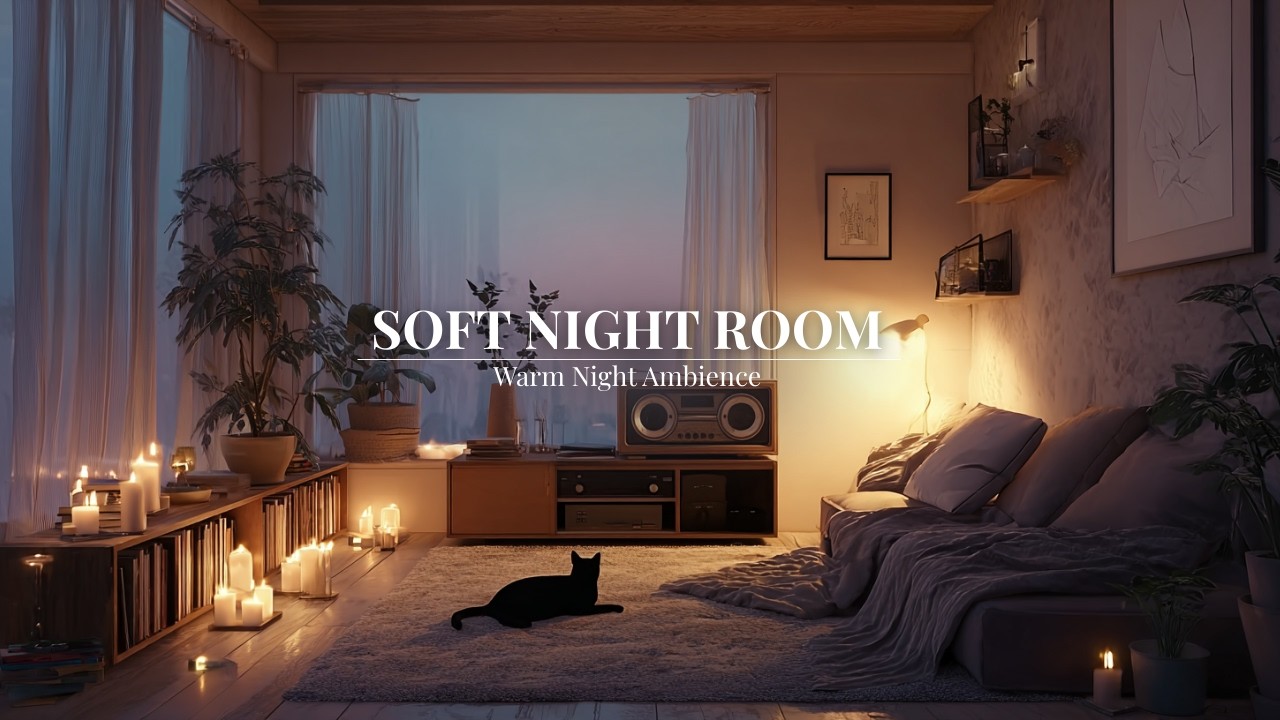 Soft Night Room Ambience | Black Cat, Candlelight & Calming Music for Sleep