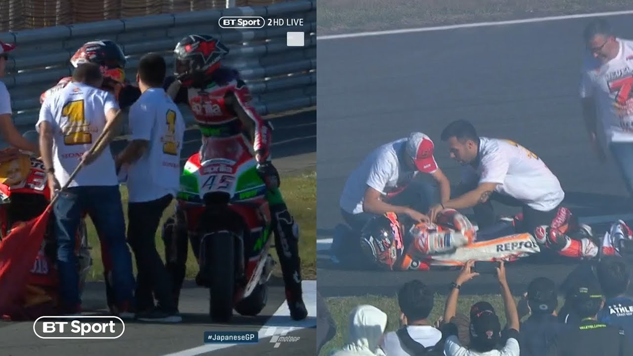 Scott Redding dislocates Marc M&aacute;rquez's shoulder when celebrating with the Champ! Huge sports fail!