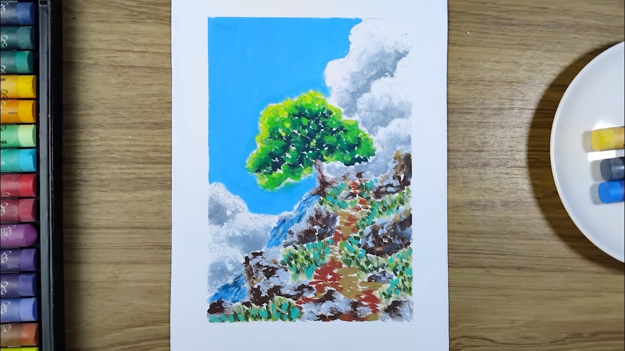 Landscape drawing with oil pastels on paper 