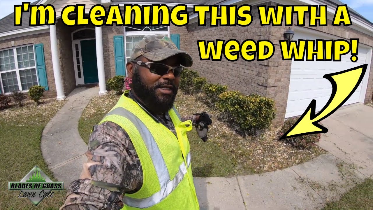 How I clean a weed infested rock plant bed with a weed whip