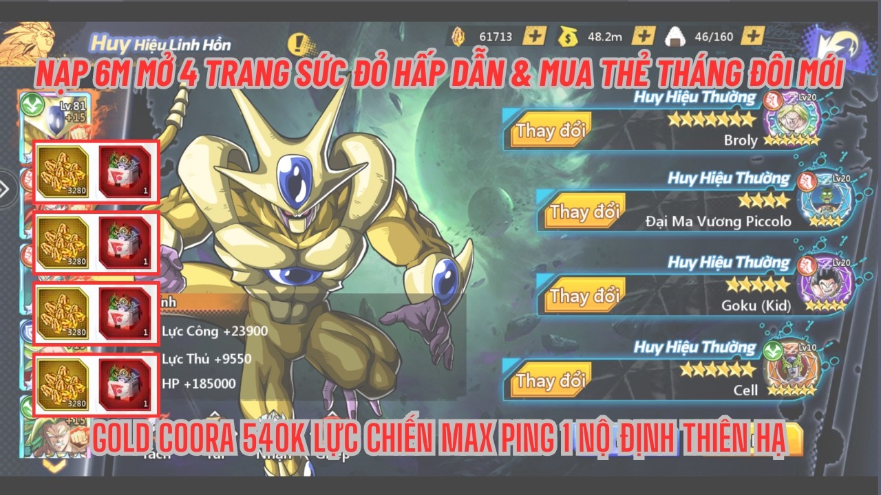 COMBO THỨC TỈNH #49 - Nạp 6m mở 4 trang sức đỏ & mua thẻ tháng đôi mới - Rửa mắt cùng skin Android18